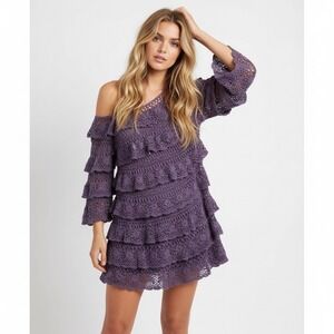 Bohemian‎ Boho Purple Crochet Knit Ruffled Dress Size L Off the Shoulder Western